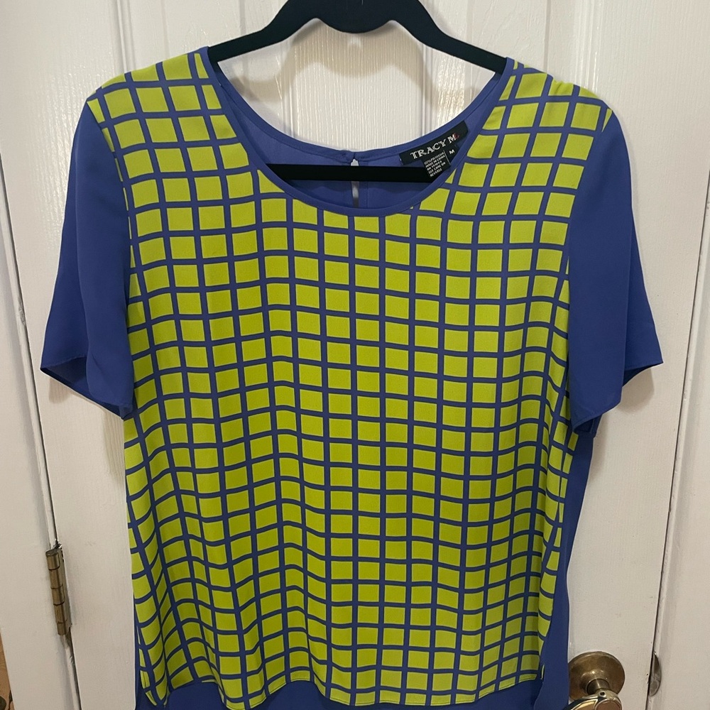 Tracy M Short Sleeve Top with Blue and Yellow Checkered Design